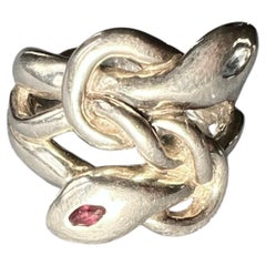 Sterling Silver Snake Ring with Aquamarine & Ruby Eyes by J Dauphin