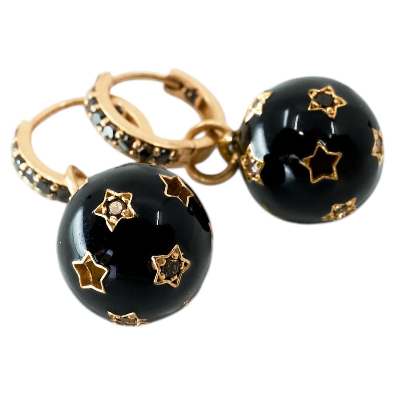 Huggie Hoop Earrings Black Diamond Star Black Enamel Sphere Celestial J Dauphin