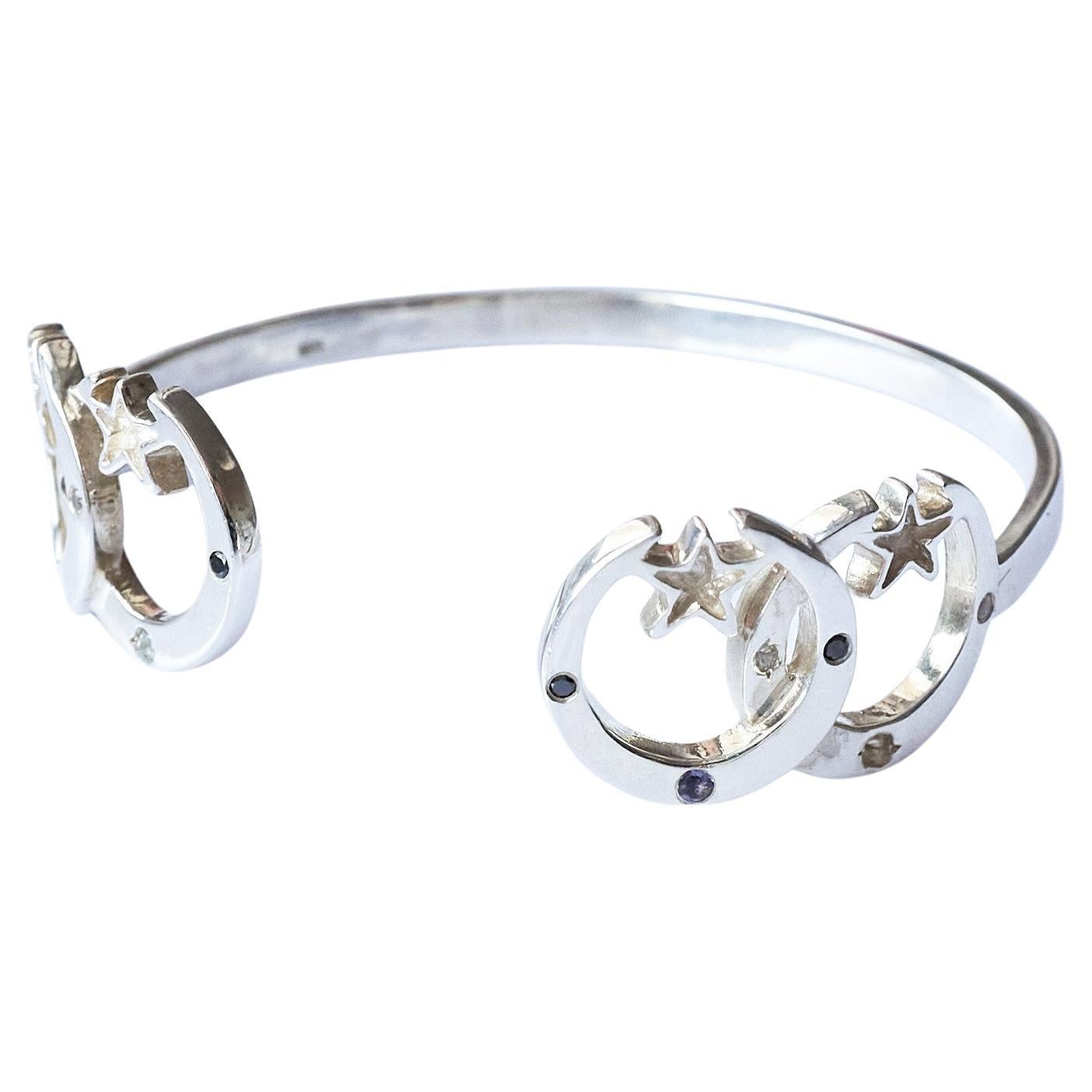 Crescent Moon Aquamarine Black Diamond Bangle Bracelet by J Dauphin For Sale