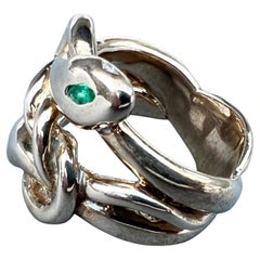Emerald Ring Double Head Snake with White Diamond and Ruby Eyes