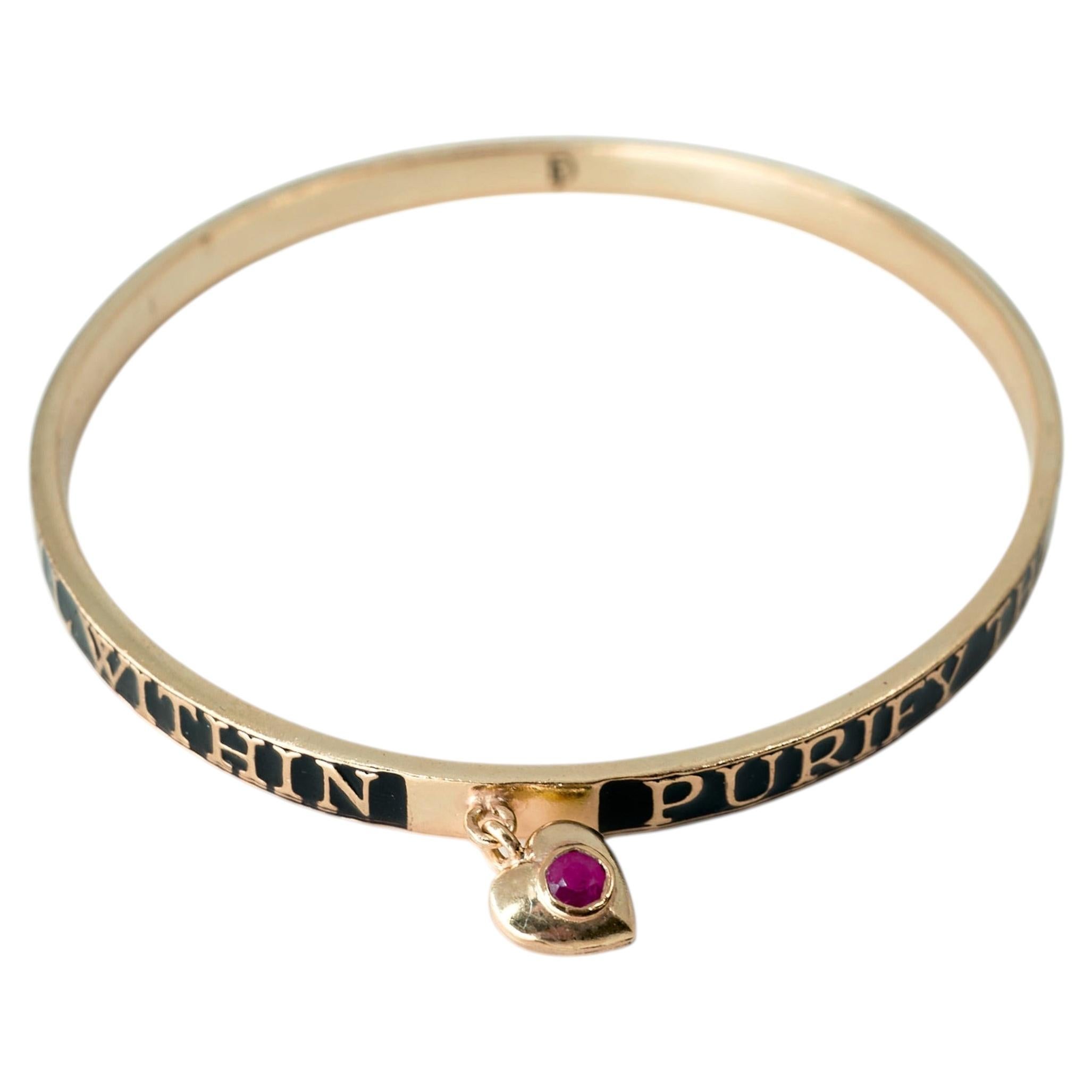 Ruby Heart Bangle Bracelet Black Enamel Gold Stacking Cuff For Sale