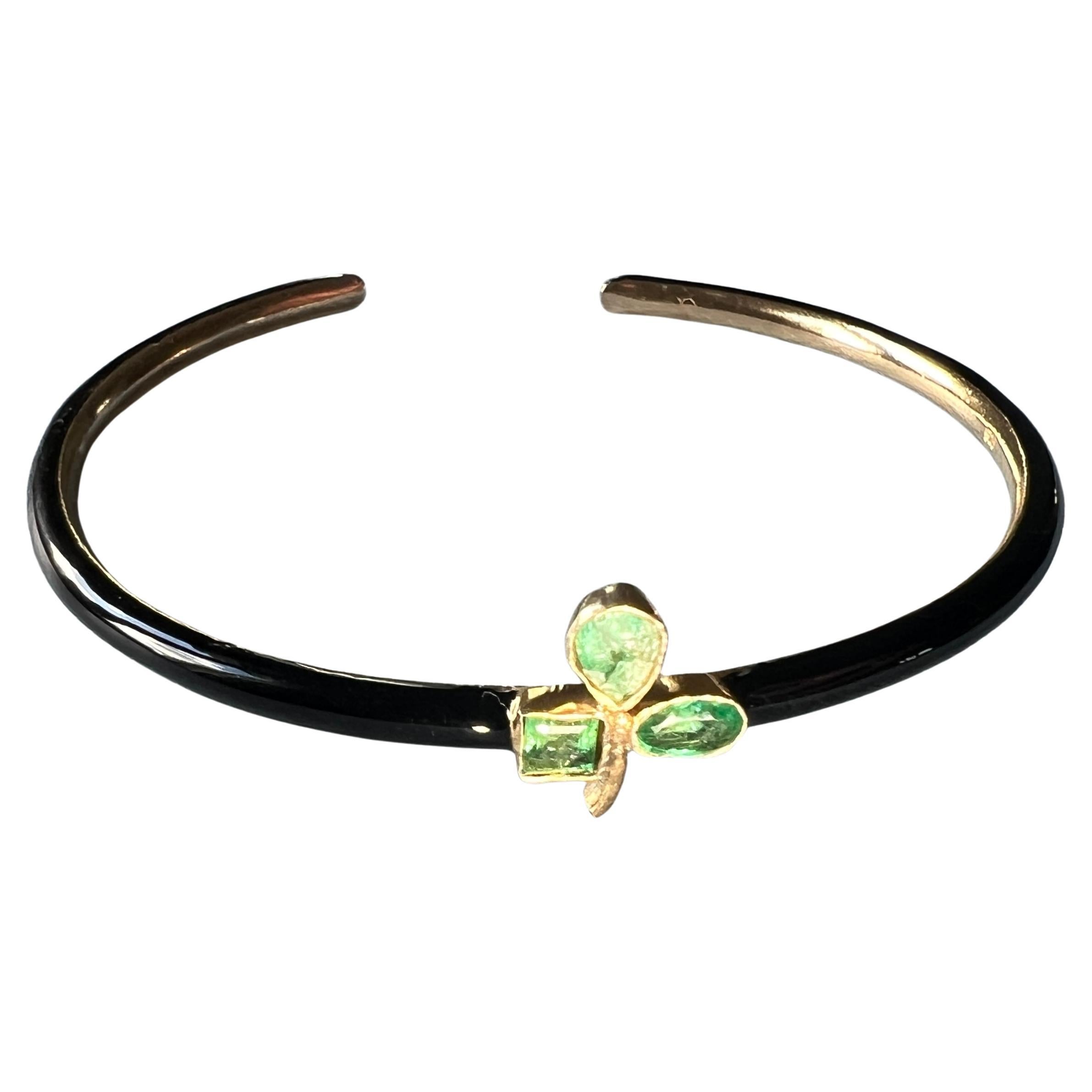 Cuff Bracelet Emerald Clover Black Enamel in vendita