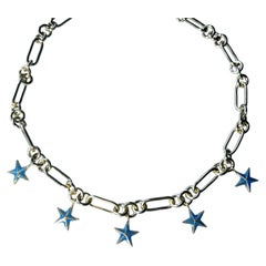 Chunky Chain Choker Necklace Star Charms Gold Plated Blue Enamel
