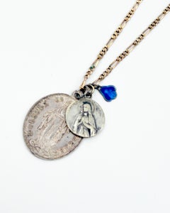 One of a kind French Vintage Necklace Virgin Mary Devotional Medals Blue Enamel