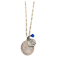 One of a kind French Vintage Necklace Virgin Mary Devotional Medals Blue Enamel
