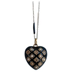 Collana con cuore di diamanti, perla, smalto nero, placcata in oro, J DAUPHIN
