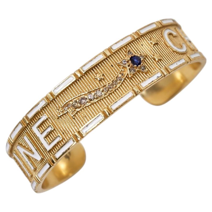 White Enamel Cuff Blue Sapphire Shooting Star Bracelet Divine Child Gold Diamond For Sale