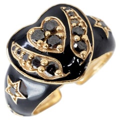 Black Diamond Heart Ring Black Enamel Star Angel Wing Open J Dauphin