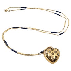 White Diamond Pearl Puffy Heart Necklace Blue Enamel Gold 28 Inch.