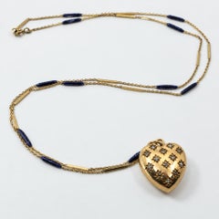 White Diamond Pearl Puffy Heart Necklace Blue Enamel Gold 28 Inch.