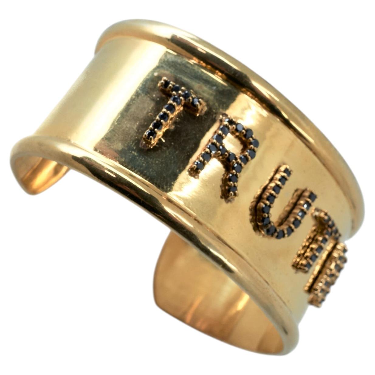 Truth Cuff Black Diamond Nameplate Bracelet Gold Open Bangle Pavé For Sale