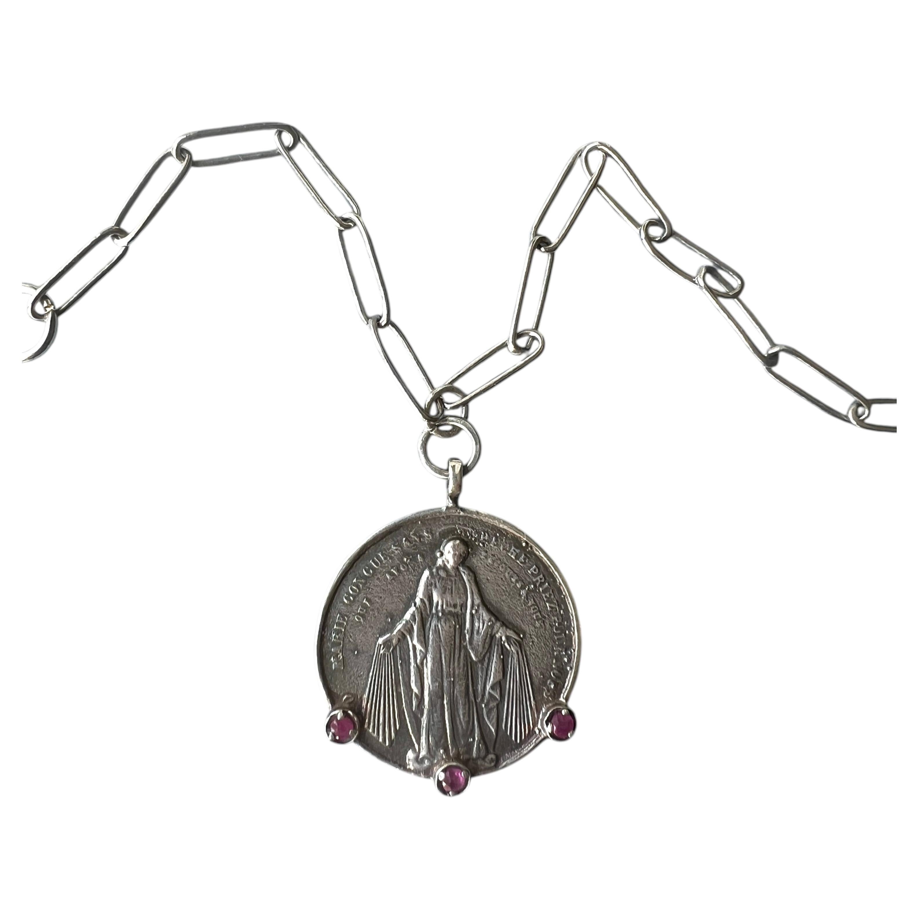 Collier avec médaille miraculeuse de la Vierge Marie et de saint Joseph, rubis et argent
