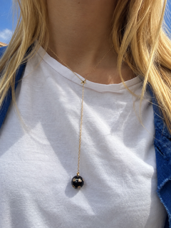 White Diamond Star Lariat Necklace Black Enamel Orb Gold