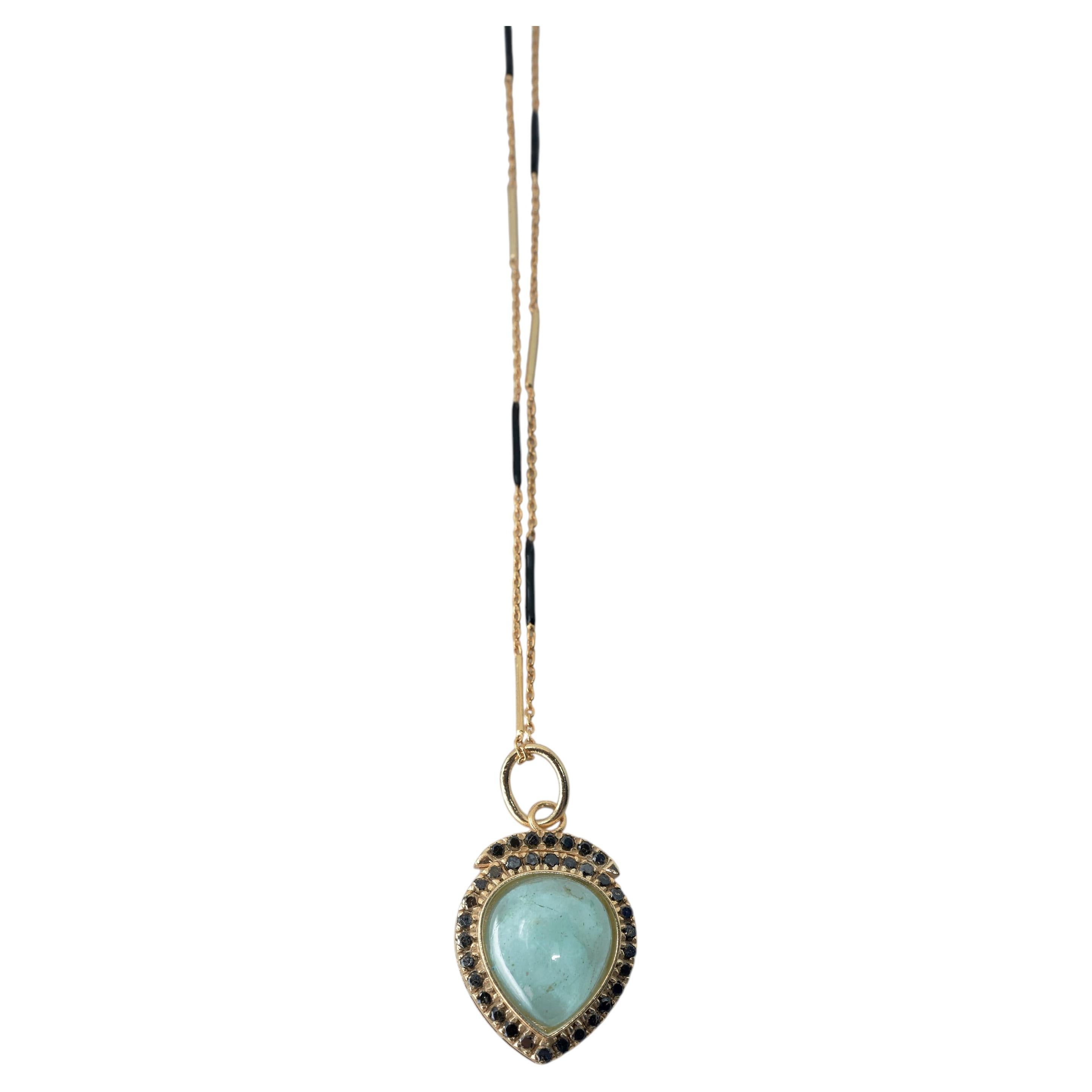 Aquamarine Cabuchon Pendant Necklace Black Diamond Black Enamel J Dauphin For Sale