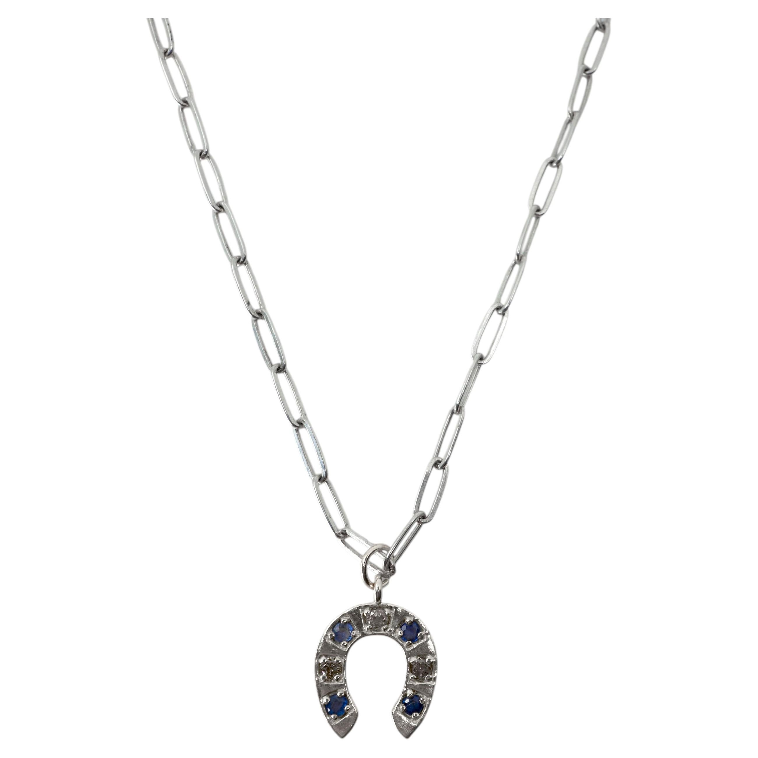 Horseshoe Charm Necklace Blue Sapphire Diamond Sterling Silver For Sale