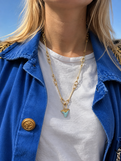 Light Blue Enamel Shark Tooth Necklace Gold Plated Link Chain 24 Inch