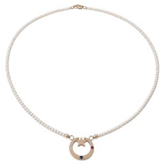 Pearl Necklace Celestial Pendant Moon Star Sapphire Diamond Ruby