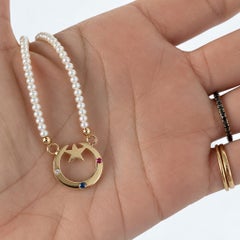 Pearl Necklace Celestial Pendant Moon Star Sapphire Diamond Ruby