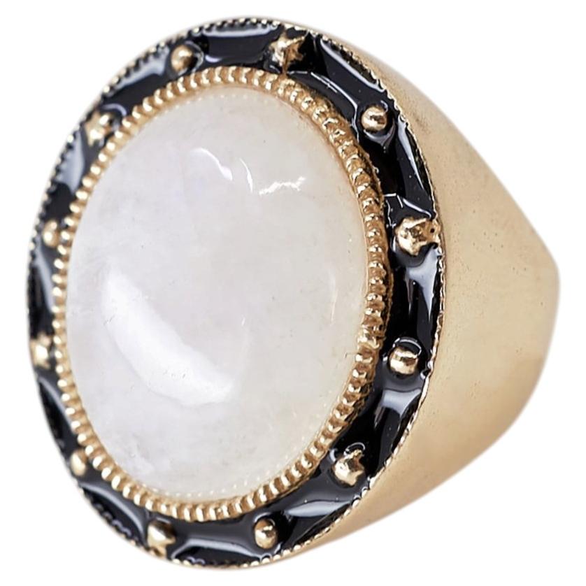 Mondstein-Ring, Cabochon, Cocktailring, schwarze Emaille, J Dauphin im Angebot