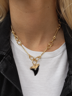 Shark Tooth Necklace Aquamarine Black Enamel Gold Plated 16 Inch Choker