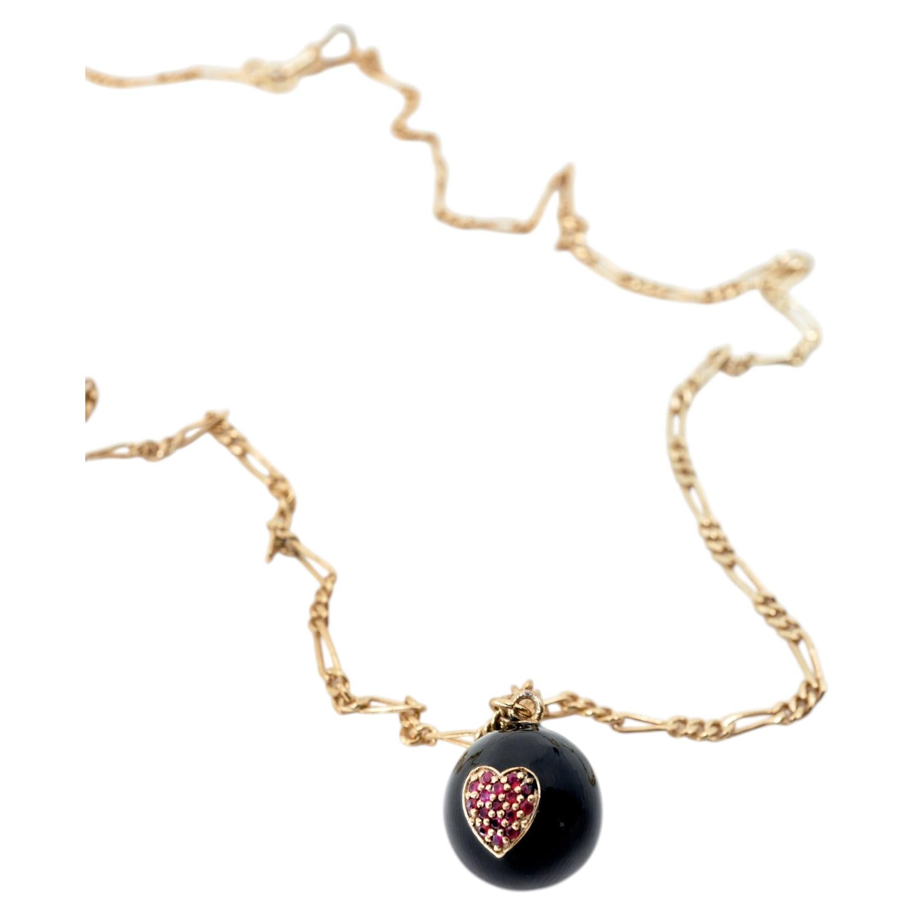 Ruby Heart Pendant Necklace 14k Gold Black Enamel Orb Figaro Chain For Sale