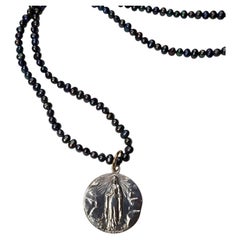 Virgin Mary Necklace Black Pearl Choker Medal Silver J Dauphin
