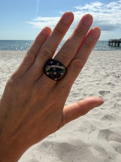 Black Enamel Ring Blue Sapphire Diamond Star Cocktail Ring