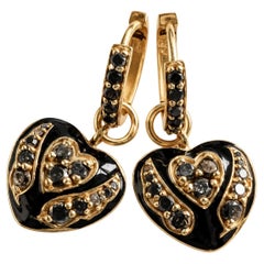 Black Diamond Heart Earrings, Winged Heart Drop Dangle Black Enamel