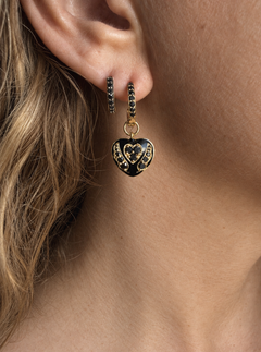 Black Diamond Heart Earrings, Winged Heart Drop Dangle Black Enamel