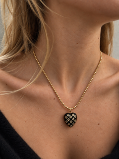 Black Diamond Puffy Heart Necklace Black Enamel Gold Ball Chain 18 Inch