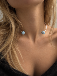 Gold Collar Necklace Light Blue Enamel Diamond Star Torque Choker