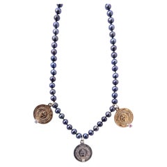 Sacred Heart Medal Necklace Black Pearl Aquamarine Devotional