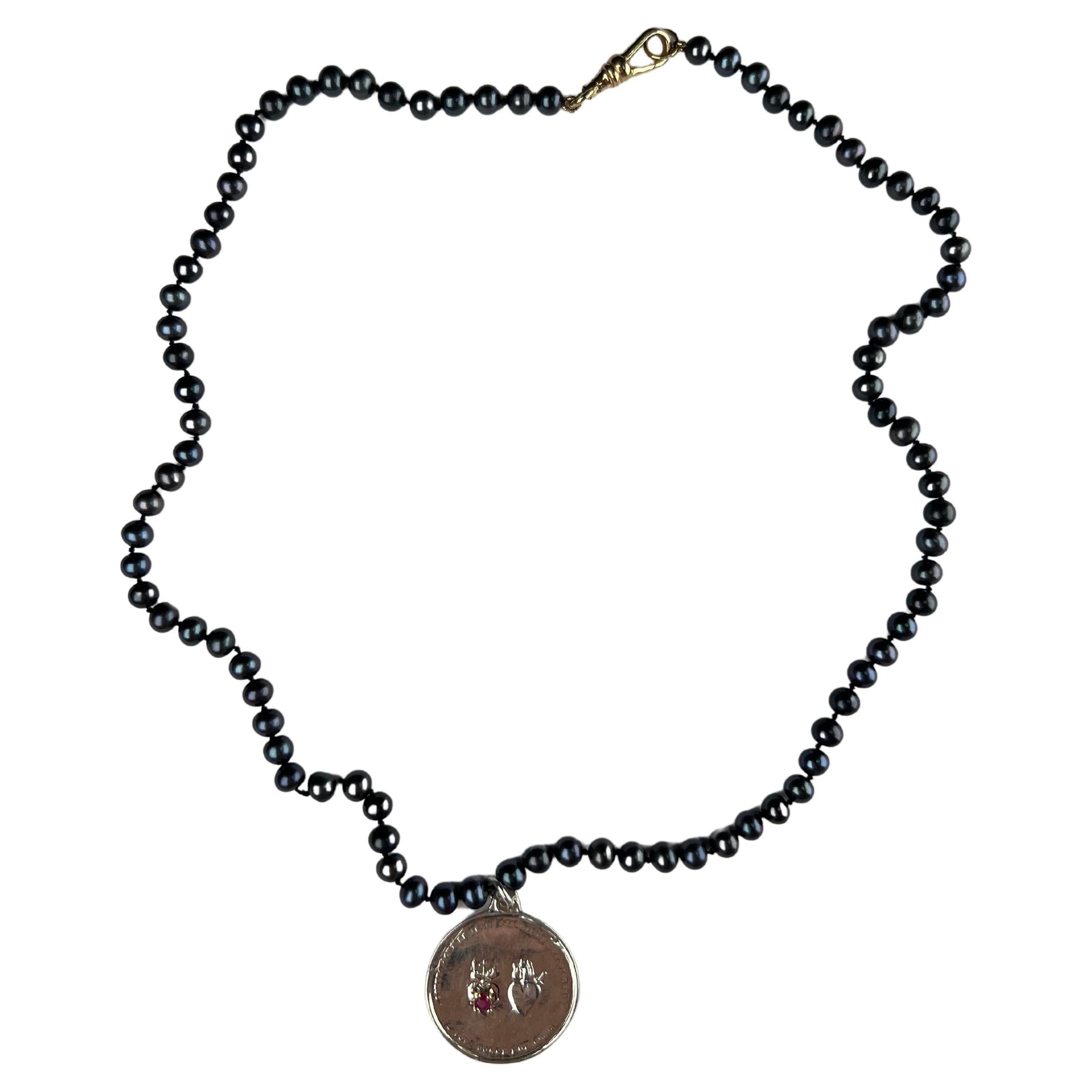 Sacred Heart Silver Medal Ruby Black Pearl Necklace Choker For Sale