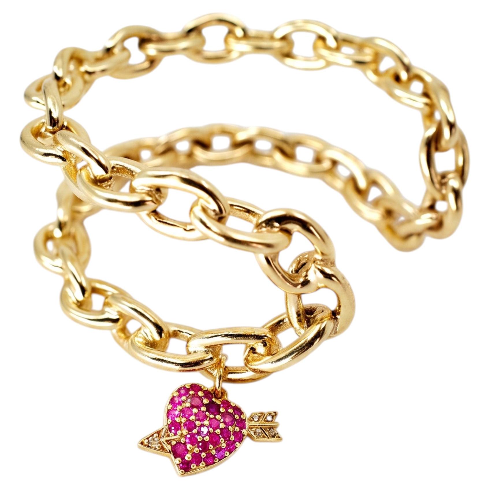 Heart Charm Bracelet Ruby Diamond Chain Cuff Gold For Sale