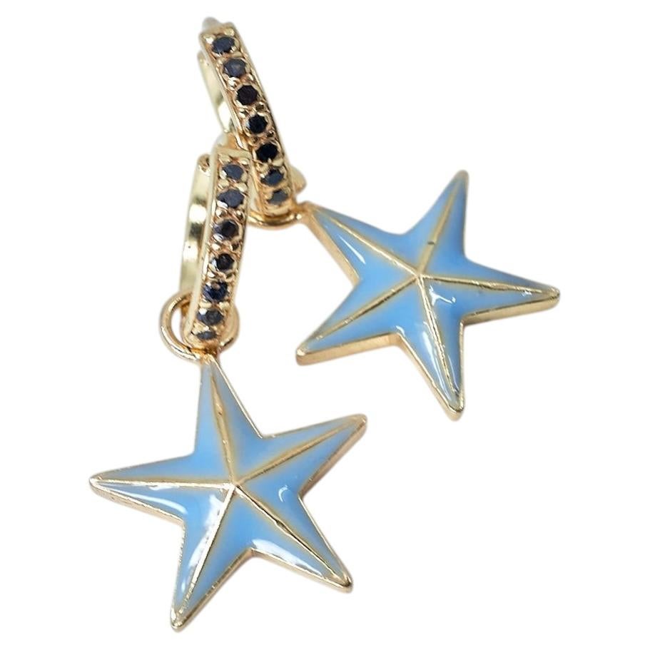 Light Blue Enamel Earring Star Black Diamond Hoop For Sale
