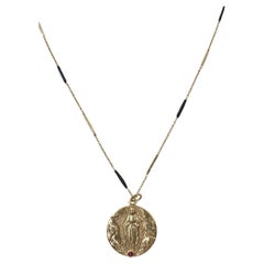Ruby Gold Miraculous Medal Necklace Protection Pendant Virgin Mary Black Enamel