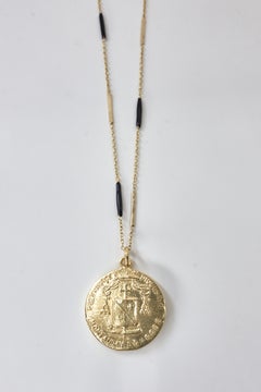 Virgin Mary Necklace Ruby Medal Coin Pendant Black Enamel Gold Chain