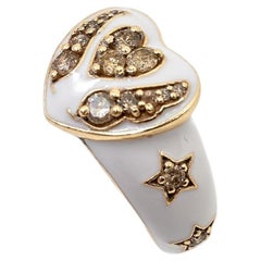 White Diamond Heart Ring Angel Wings White Enamel Cocktail Ring