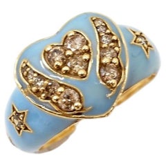 Light Blue Enamel Heart Ring Angel Wings White Diamond Cocktail Ring