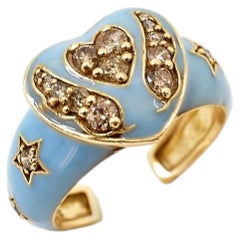 Bague en forme de cœur en émail bleu clair avec ailes d'ange et diamant blanc – Bague de cocktail