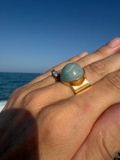 High Dome Aquamarine Ring Cabochon Cocktail Ring Gold Black Diamond