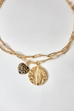 Gold Virgin Medal Necklace Layered Paper Clip Chain Heart Black Diamond