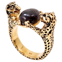 Jaguar Ring Panther Sapphire Gray Cabochon Black Enamel Gold