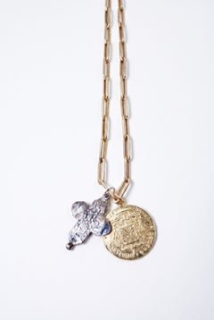 Miraculous Medal Necklace Paperclip Gold Chain Greek Cross Tanzanite Ruby