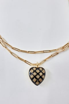 Puffy Heart Necklace Diamond Pearl Pendant Black Enamel Paperclip Chain Gold