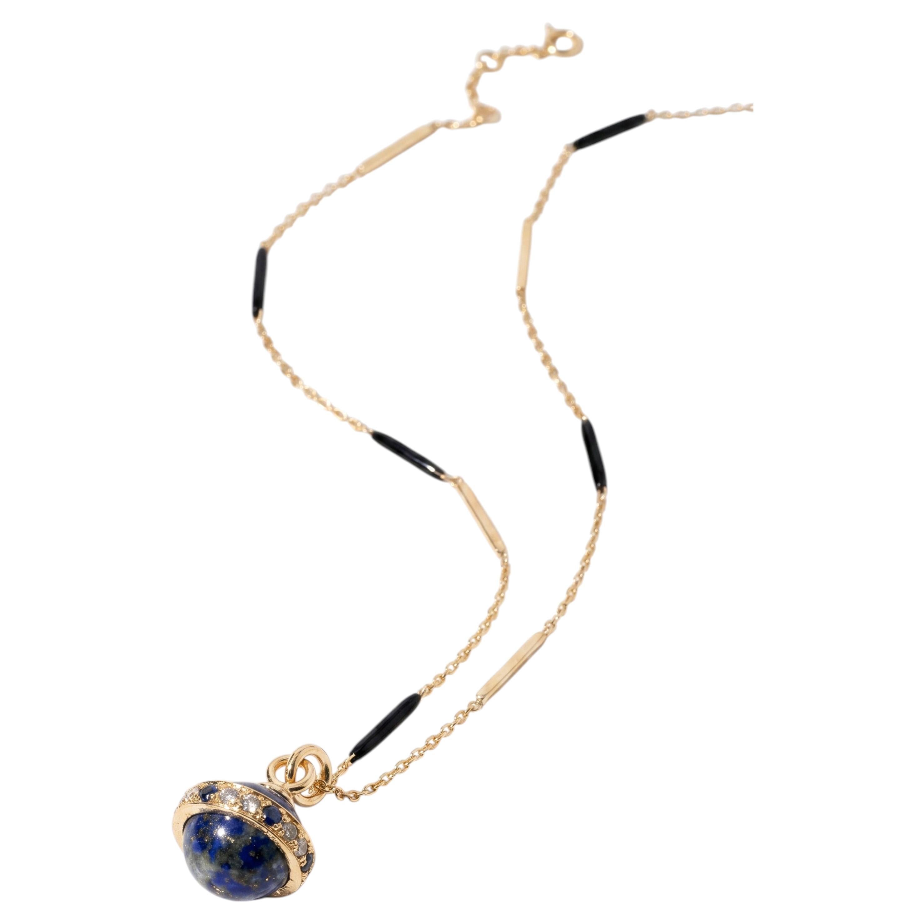 Lapis Lazuli Pendant Necklace White Diamond Black Diamond Cosmic Sphere