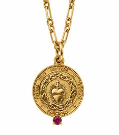 Sacred Heart Necklace Tourmaline Medal Coin Pendant Gold Silver Devotional