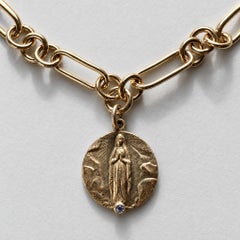 Tanzanite Virgin Mary Medal Choker Gold Figaro Chain 18 Inch