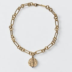 Tanzanite Virgin Mary Medal Choker Gold Figaro Chain 18 Inch