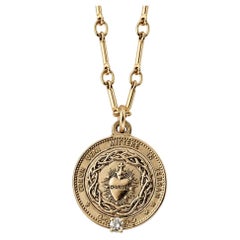 Sacred Heart Medal Necklace White Diamond Gold Plated Silver Pendant Necklace
